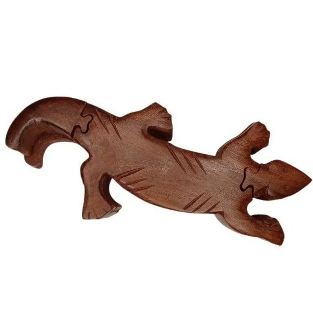 Vintage Wood Lizard Puzzle Box Secret Compartment Gecko 8.5